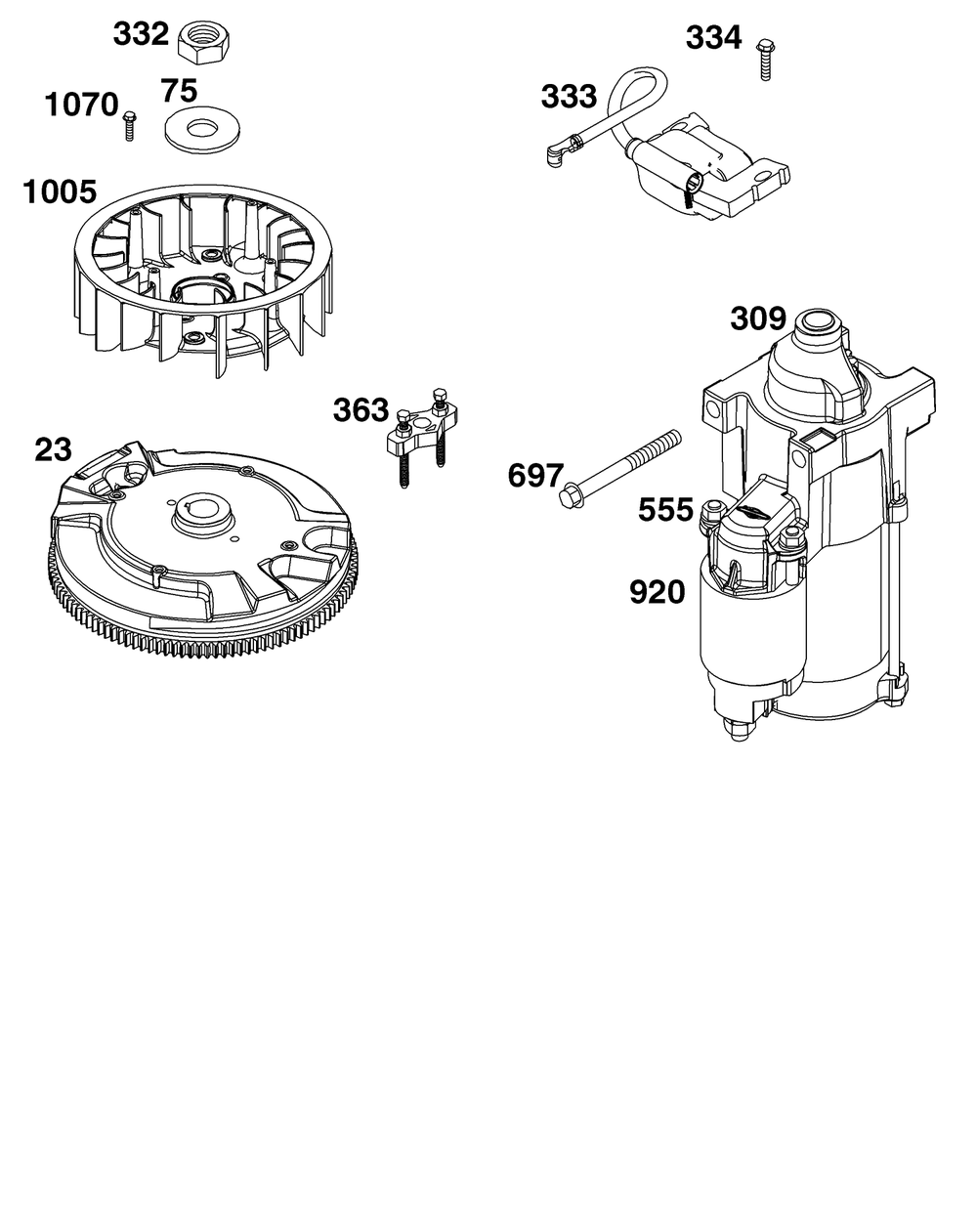Flywheel, Ignition, And Starter Group Diagram and Parts List for 49R977-0016-G1  Briggs and Stratton Engine